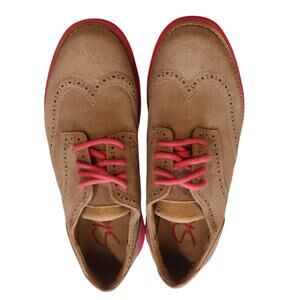 Skechers Women's Groovelite Nubuck Leather Taupe/Hot Pink Lace Up Loafers-Size 6